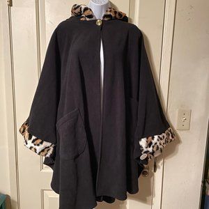 Black Mountain Fleece Hooded Cape with Faux Fur Leopard Trim One Size
